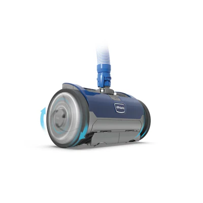 Polaris robotic pool cleaner with blue and gray design and suction hose attachment