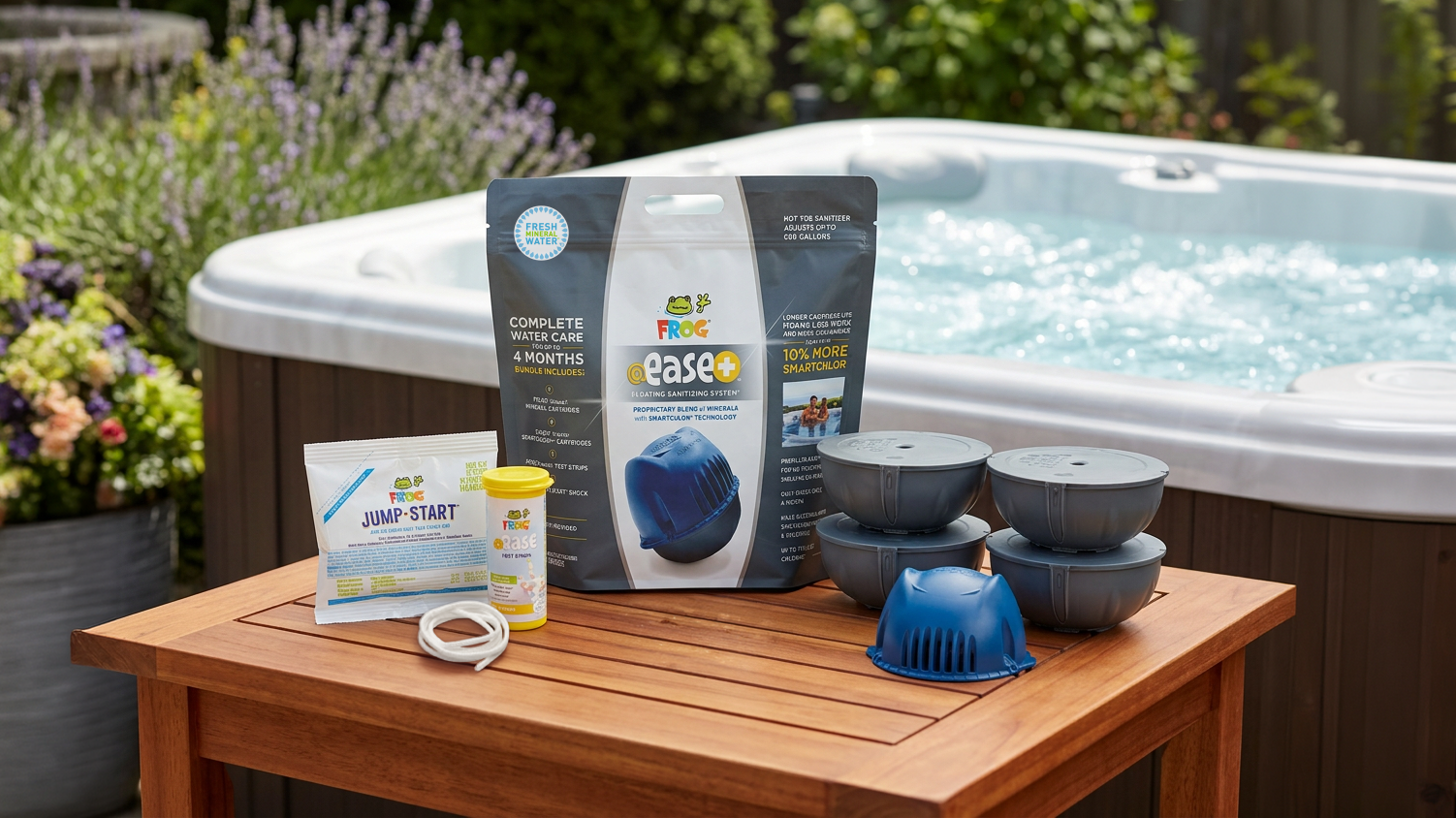 Hot tub maintenance product kit displayed on wooden table with spa in background and garden landscaping