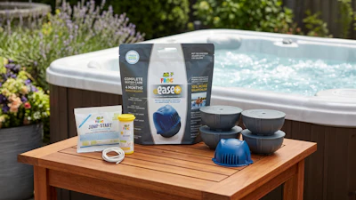 Hot tub maintenance product kit displayed on wooden table with spa in background and garden landscaping