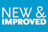 New & Improved promotional badge with white text on bright turquoise background