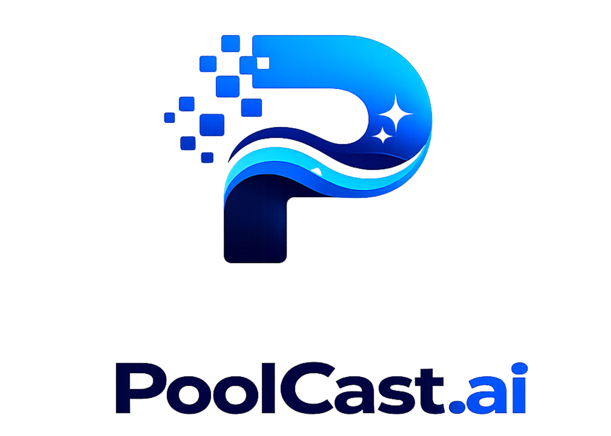 PoolCast.ai logo featuring a blue gradient letter P with pixelated elements and stars
