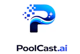 PoolCast.ai logo featuring a blue gradient letter P with pixelated elements and stars