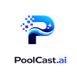 PoolCast.ai logo featuring a blue gradient letter P with pixelated elements and stars