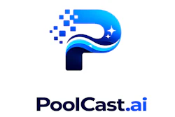 PoolCast.ai logo featuring a blue gradient letter P with pixelated elements and stars