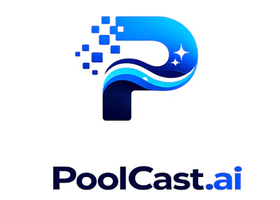PoolCast.ai logo featuring a blue gradient letter P with pixelated elements and stars