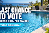 Luxury poolside overlooking ocean with text 'Last Chance to Vote Pentair Pool Pro Awards, Voting Closes Nov. 1'