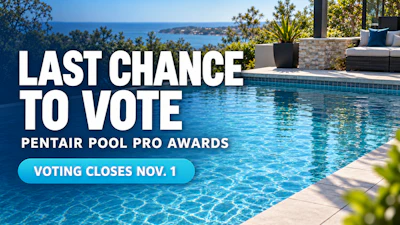 Luxury poolside overlooking ocean with text 'Last Chance to Vote Pentair Pool Pro Awards, Voting Closes Nov. 1'