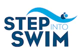 Step Into Swim logo featuring blue wave and swimmer icon with bold text