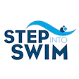 Step Into Swim logo featuring blue wave and swimmer icon with bold text