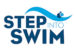 Step Into Swim logo featuring blue wave and swimmer icon with bold text