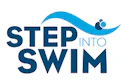 Step Into Swim logo featuring blue wave and swimmer icon with bold text